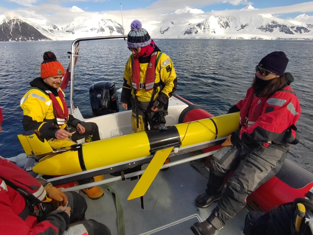 The research team carry out their work in Antarctica.